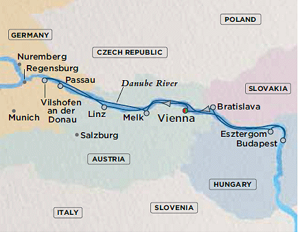 Crystal Luxury Cruises River Mozart Cruise Map Detail Vienna, Austria to Vienna, Austria December 23 2024 January 5 2018 - 14 Days