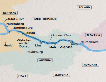 7 Seas Luxury Cruises Crystal River Mozart Cruise Map Detail Vienna, Austria to Vienna, Austria December 10-20 2022 - 10 Days