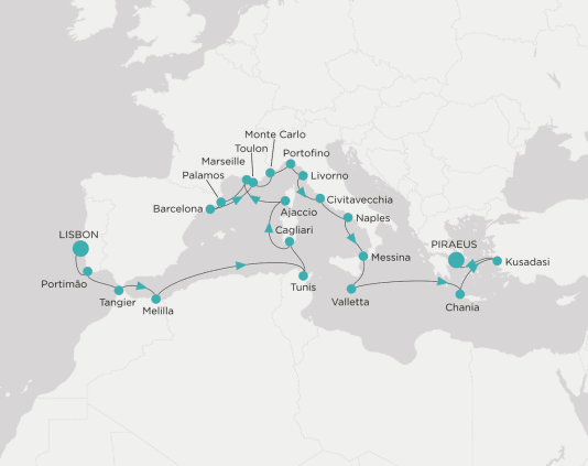 Itinerary map Crystal World Cruises Serenity 2028