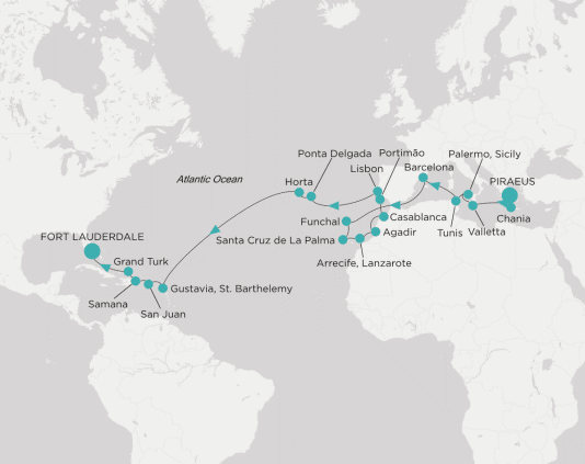 Itinerary map Crystal World Cruises Serenity 2028