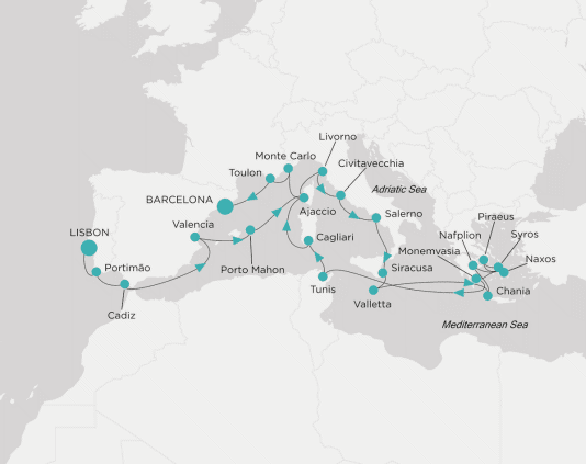 Itinerary map Crystal World Cruises Serenity 2028