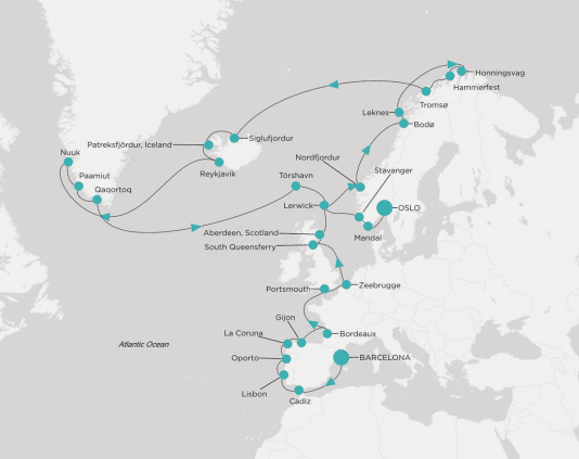 Itinerary map Crystal World Cruises Serenity 2028