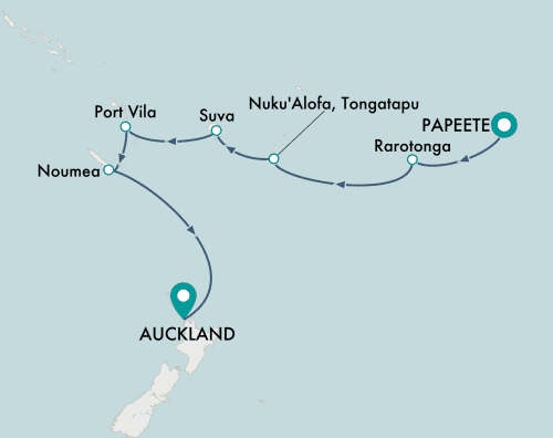 itinerary map of cruise Tahiti (Papeete) to Auckland