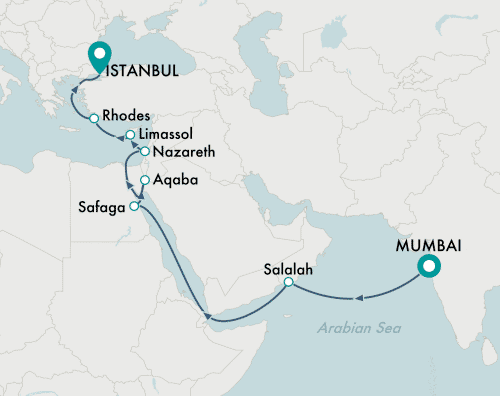itinerary map of cruise Mumbai to Istanbul