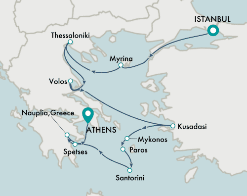 itinerary map of cruise Istanbul to Athens (Piraeus)