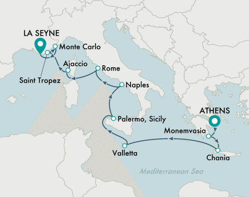 itinerary map of cruise Athens (Piraeus) to La Seyne (Toulon)