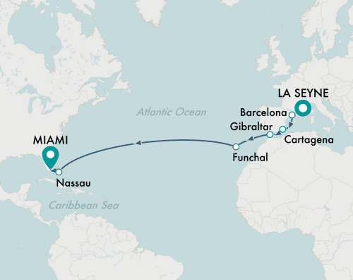 itinerary map of cruise La Seyne (Toulon) to Miami