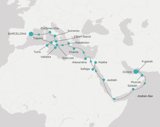 Itinerary map Crystal World Cruises Symphony 2028