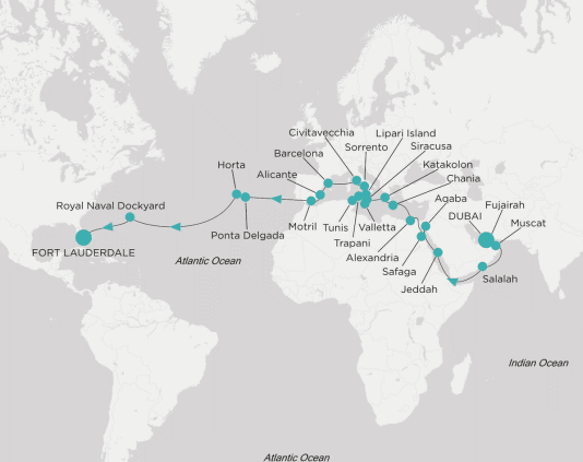 Itinerary map Crystal World Cruises Symphony 2028