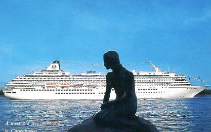 Luxury cruise ship sailing past Copenhagen's Little Mermaid