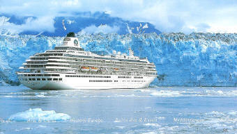 Luxury cruise ship sailing beside an Alaska glacier