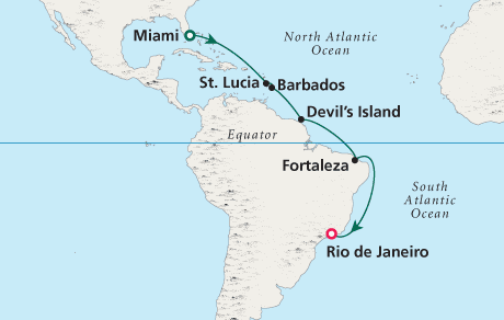 Luxury World Cruise SHIP BIDS - CRUISE SHIP Map Miami to Rio de Janeiro - 15 Days