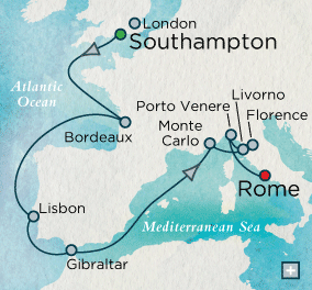 Luxury World Cruise SHIP BIDS - Through the Pillars of Hercules Map London to Rome - 12 Days Crystal Serenity 2025