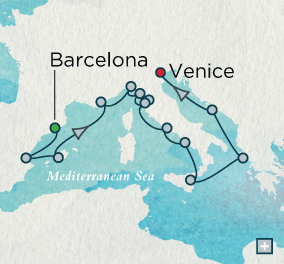 Deluxe Honeymoon Cruises Barcelona to Venice Explorer Combination Map Barcelona, Spain to Venice, Italy - 16 Days