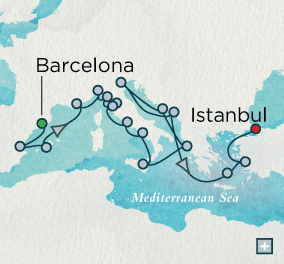 Luxury World Cruise SHIP BIDS - Barcelona to Istanbul Explorer Combination Map Barcelona, Spain to Istanbul, Turkey - 23 Days