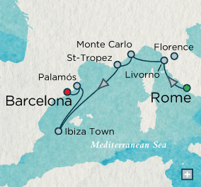 Luxury World Cruise SHIP BIDS - Riviera Amore Map Rome (Civitavecchia), Italy to Barcelona, Spain - 9 Days Crystal Serenity
