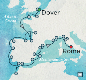 Luxury World Cruise SHIP BIDS - London to Rome Explorer Combination Map Crystal Serenity London (Dover), England to Rome (Civitavecchia), Italy - 23 Days