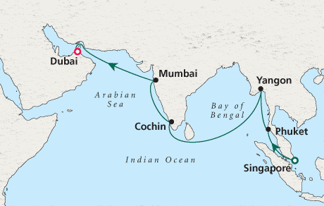 Luxury Cruise SINGLE-SOLO Map Singapore to Dubai - Voyage 0209