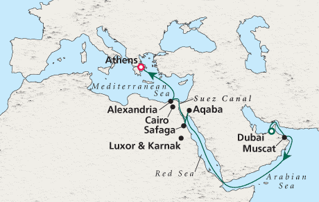 Cruise Single-Solo Balconies and Suites Cruise Map Dubai to Athens - Voyage 0210