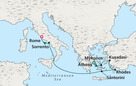 Cruise Single-Solo Balconies and Suites Cruise Map Athens to Rome - Voyage 0211