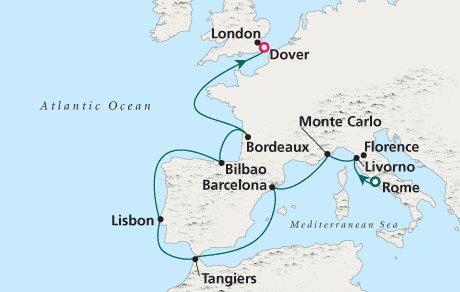 Penthouse, Veranda, Windows, Cruises Ship Charters, Incentive, Groups Cruise Map Rome to London - Voyage 0212