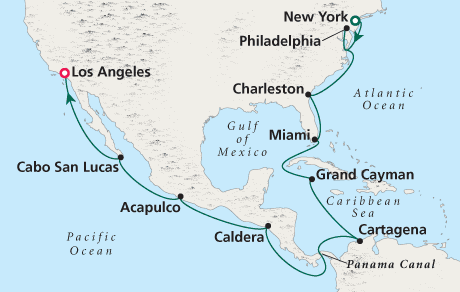 Luxury Cruise SINGLE-SOLO Map New York to Los Angeles - Voyage 0226
