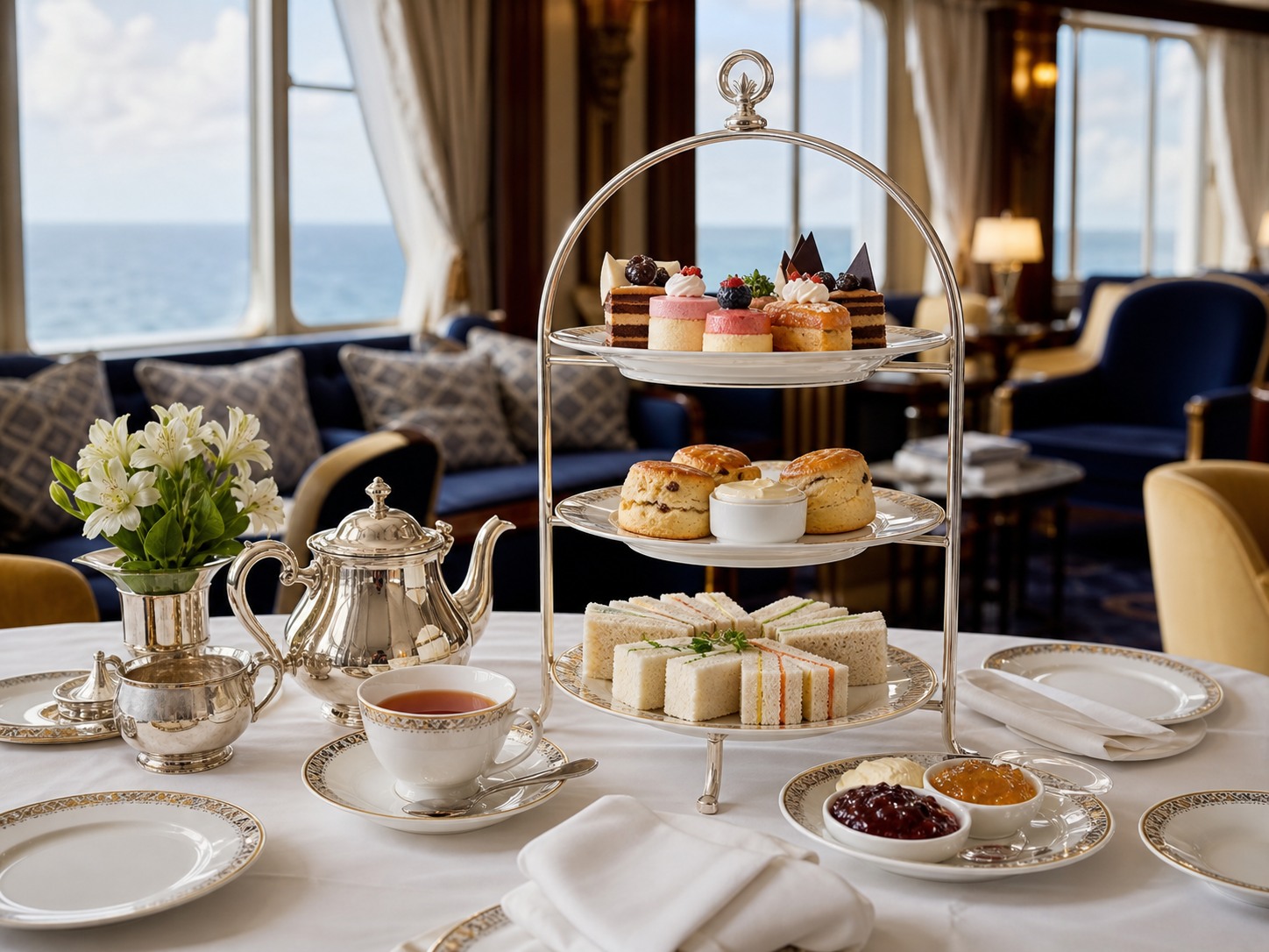 Traditional British afternoon tea served aboard a luxury ocean liner