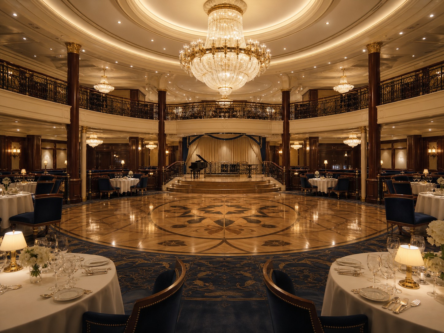 Elegant ocean-liner ballroom prepared for a gala evening