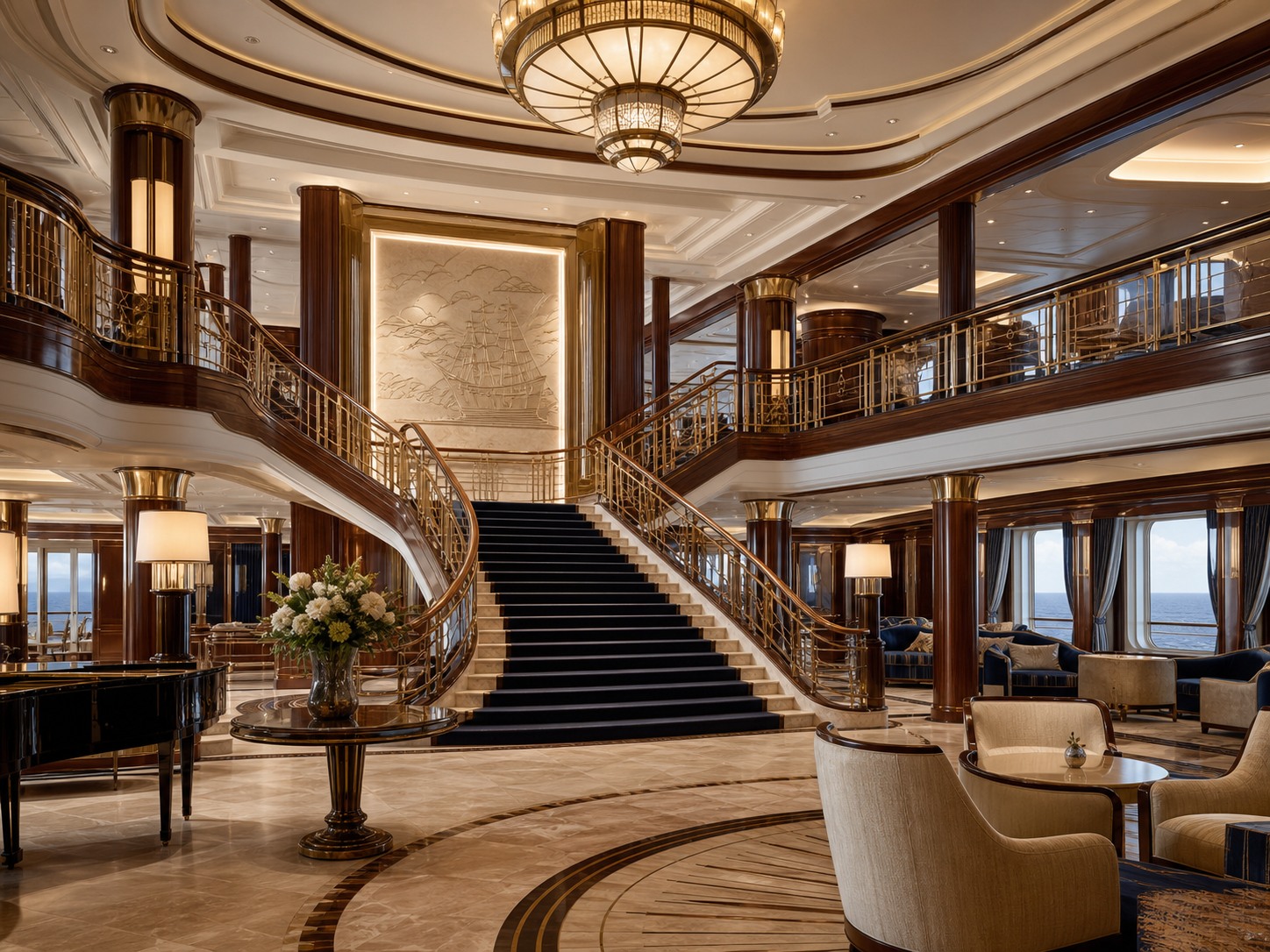 Luxury ocean-liner grand lobby with an elegant central staircase