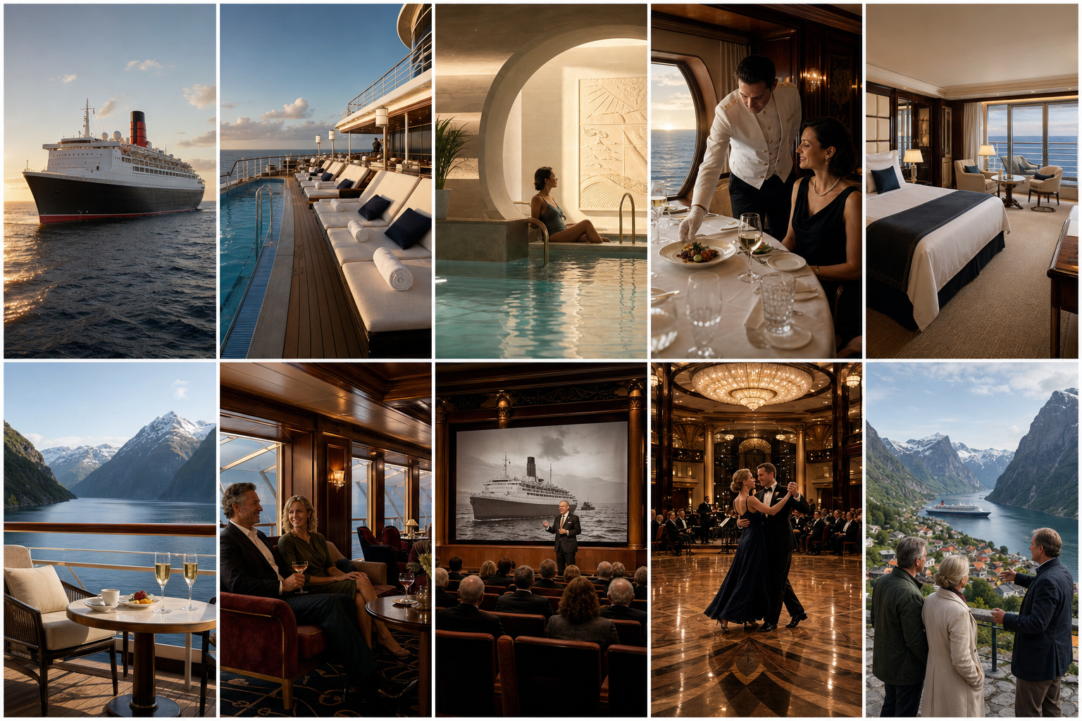 Ten-panel Cunard luxury cruise inspiration collection featuring an ocean liner, pool deck, wellness, fine dining, suite, private veranda, lounge, enrichment lecture, ballroom, and Norwegian fjords
