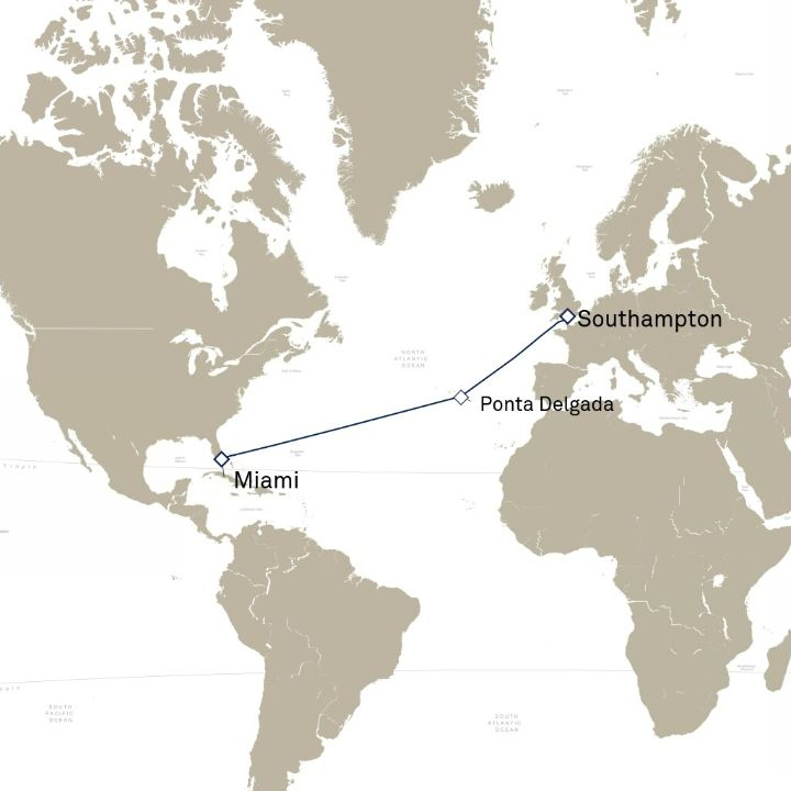 Queen Anne Voyage H609 itinerary map from Miami, FL, USA to Southampton, England, UK