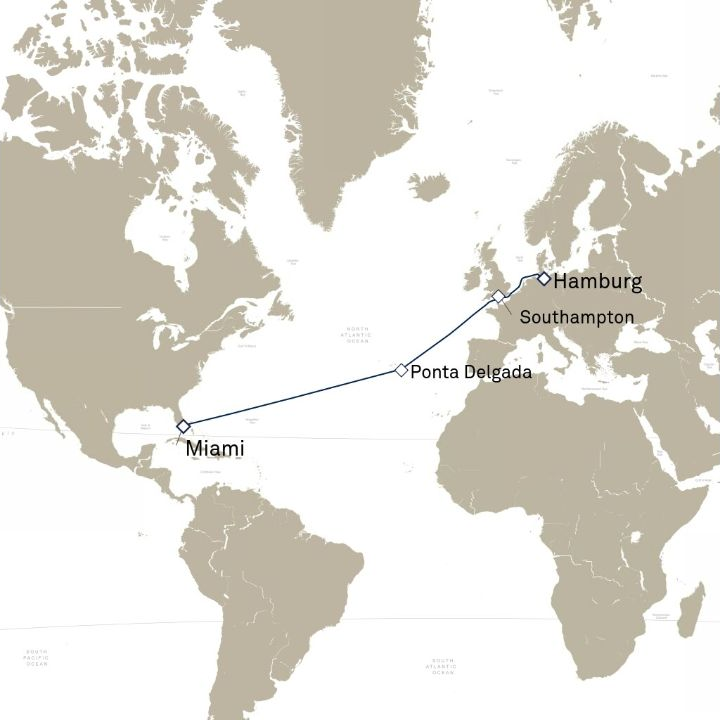 Queen Anne Voyage H609A itinerary map from Miami, FL, USA to Hamburg, Germany