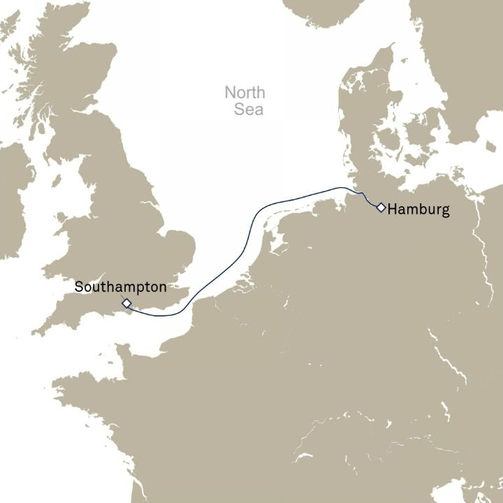 Queen Anne Voyage H610 itinerary map from Southampton, England, UK to Hamburg, Germany