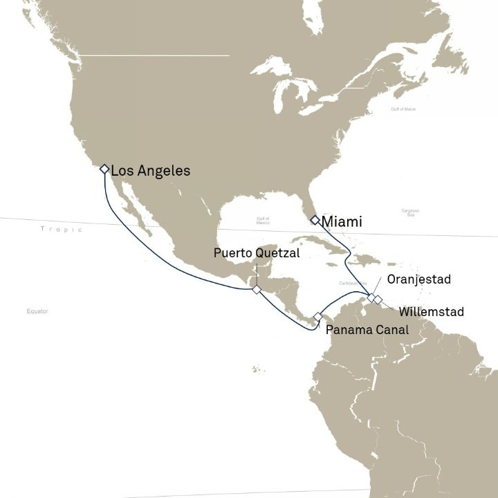 Queen Anne Voyage H608 itinerary map from Los Angeles, CA, USA to Miami, FL, USA
