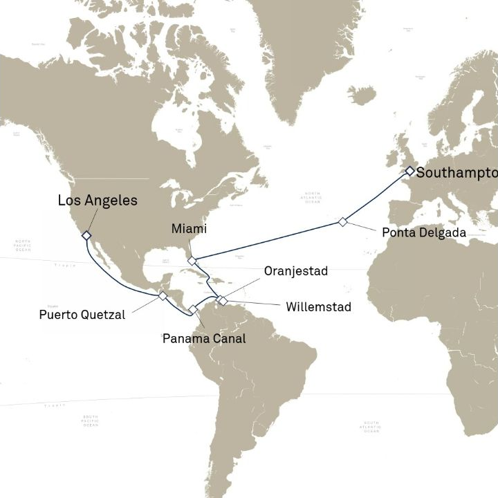 Queen Anne Voyage H608B itinerary map from Los Angeles, CA, USA to Southampton, England, UK