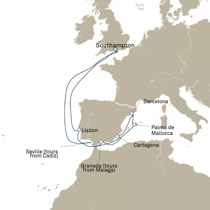 Queen Anne Voyage H621 itinerary map from Southampton, England, UK to Southampton, England, UK
