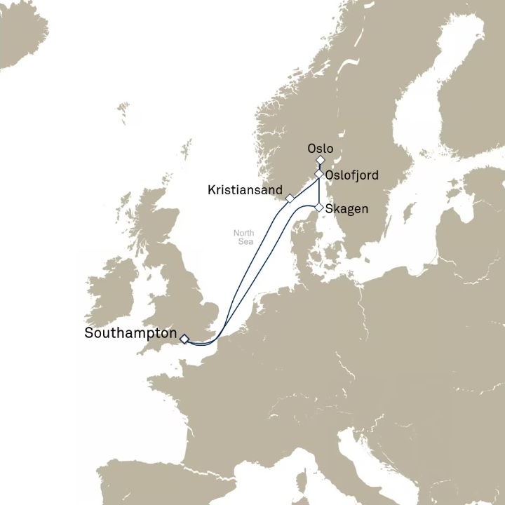 Queen Anne Voyage H622 itinerary map from Southampton, England, UK to Southampton, England, UK