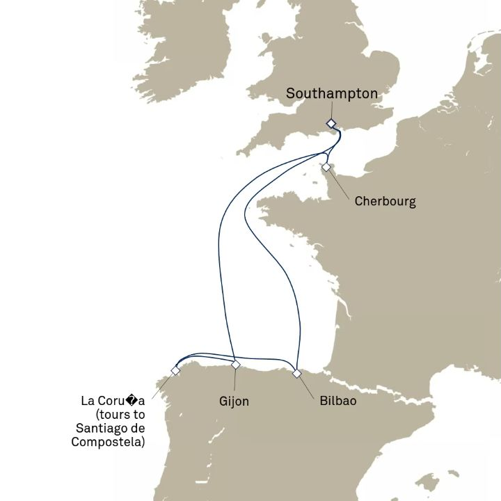Queen Anne Voyage H620 itinerary map from Southampton, England, UK to Southampton, England, UK