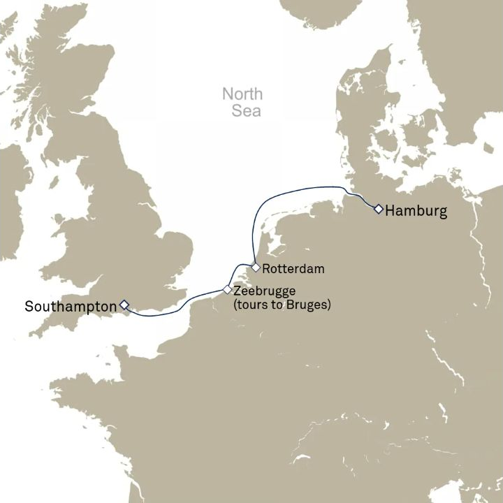 Queen Anne Voyage H632A itinerary map from Southampton, England, UK to Hamburg, Germany