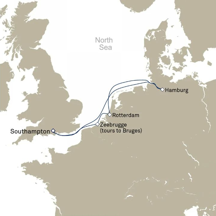 Queen Anne Voyage H632 itinerary map from Southampton, England, UK to Southampton, England, UK