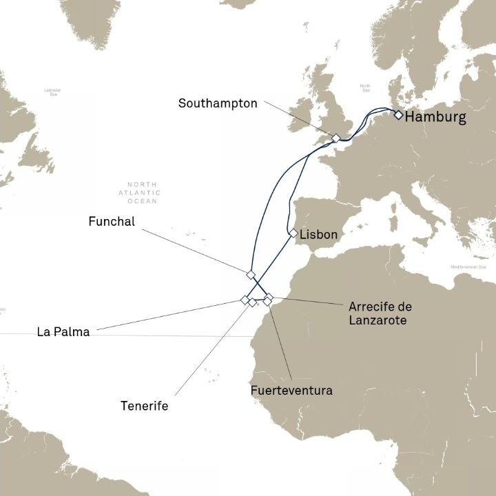Queen Anne Voyage H632C itinerary map from Hamburg, Germany to Hamburg, Germany