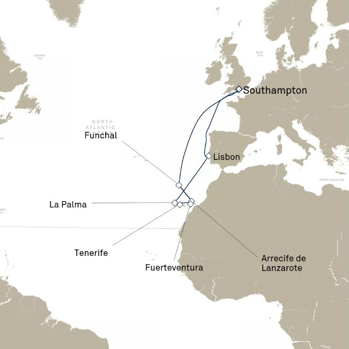 Queen Anne Voyage H701 itinerary map from Southampton, England, UK to Southampton, England, UK