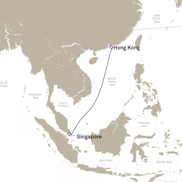 Queen Anne historical itinerary map from Singapore to Hong Kong, China