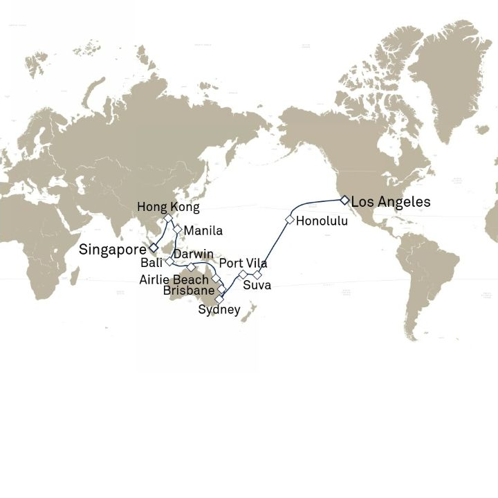Queen Anne Voyage H605B itinerary map from Singapore to Los Angeles, CA, USA