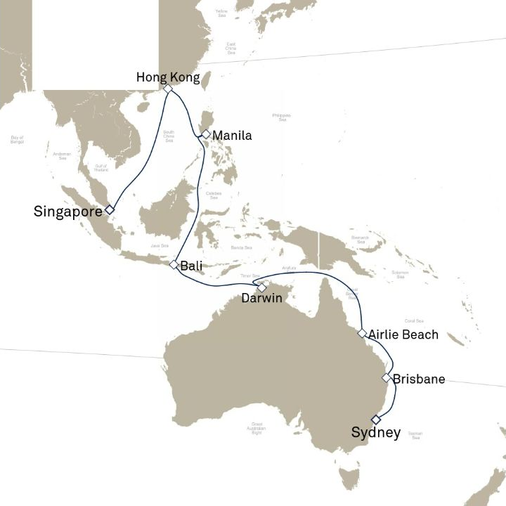 Queen Anne Voyage H605A itinerary map from Singapore to Sydney, NSW, Australia