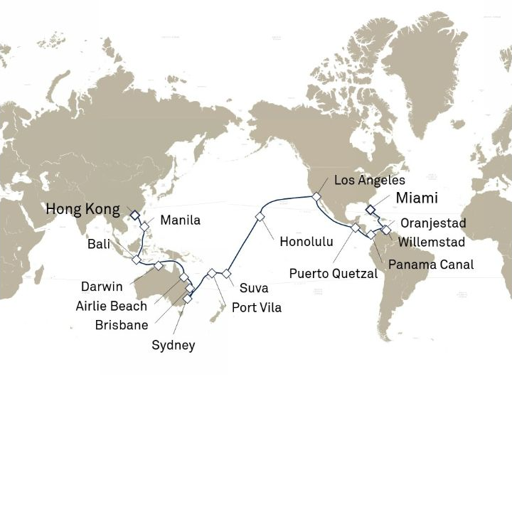 Queen Anne Voyage H606B itinerary map from Hong Kong, China to Miami, FL, USA