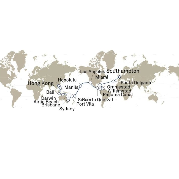 Queen Anne Voyage H606C itinerary map from Hong Kong, China to Southampton, England, UK