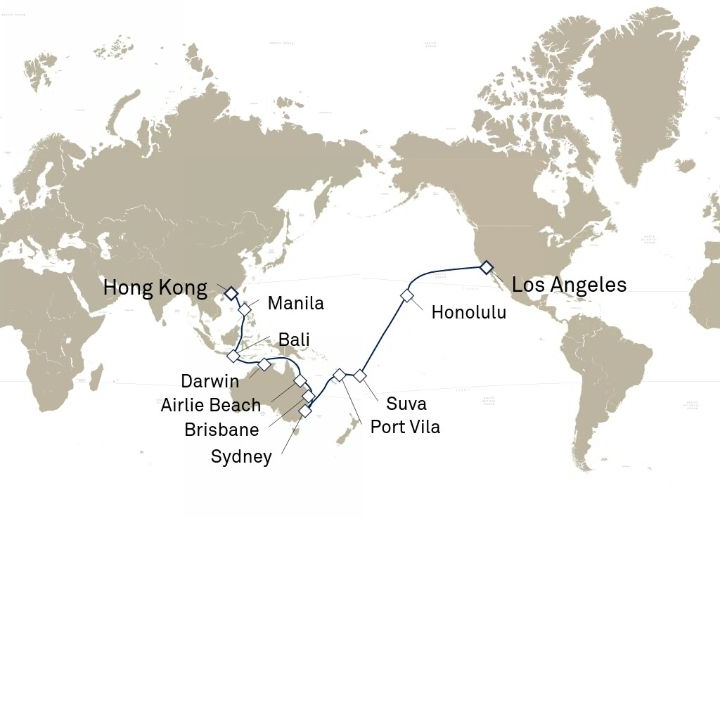 Queen Anne Voyage H606A itinerary map from Hong Kong, China to Los Angeles, CA, USA