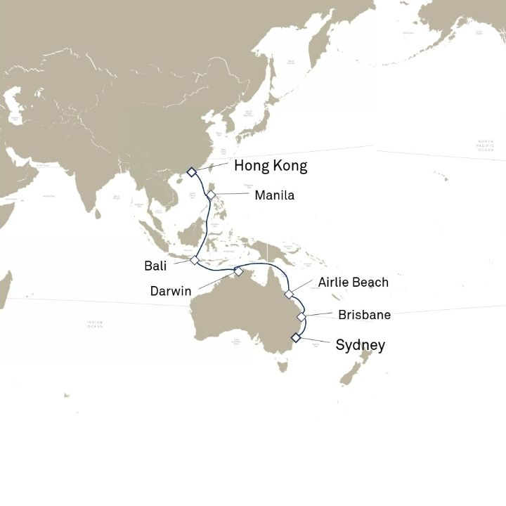 Queen Anne Voyage H606 itinerary map from Hong Kong, China to Sydney, NSW, Australia