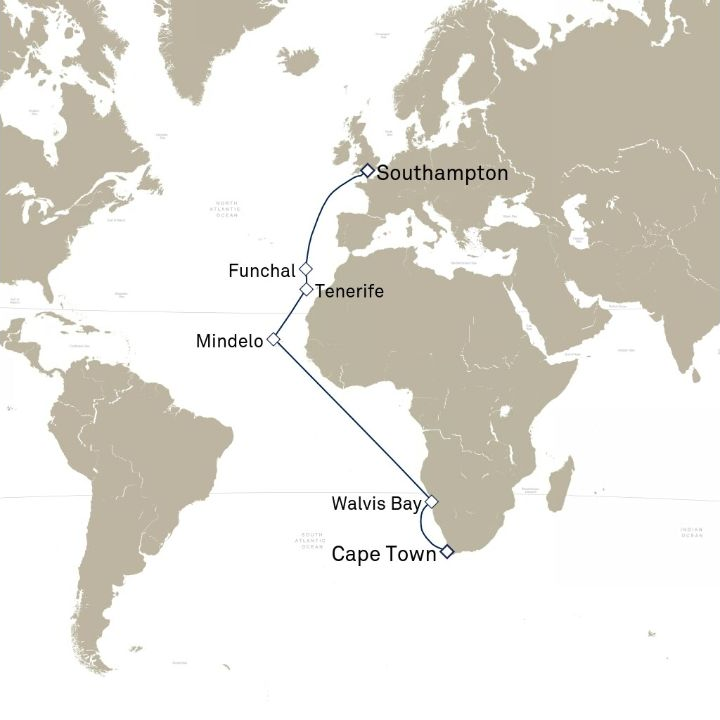 Queen Anne Voyage H603 itinerary map from Southampton, England, UK to Cape Town, South Africa